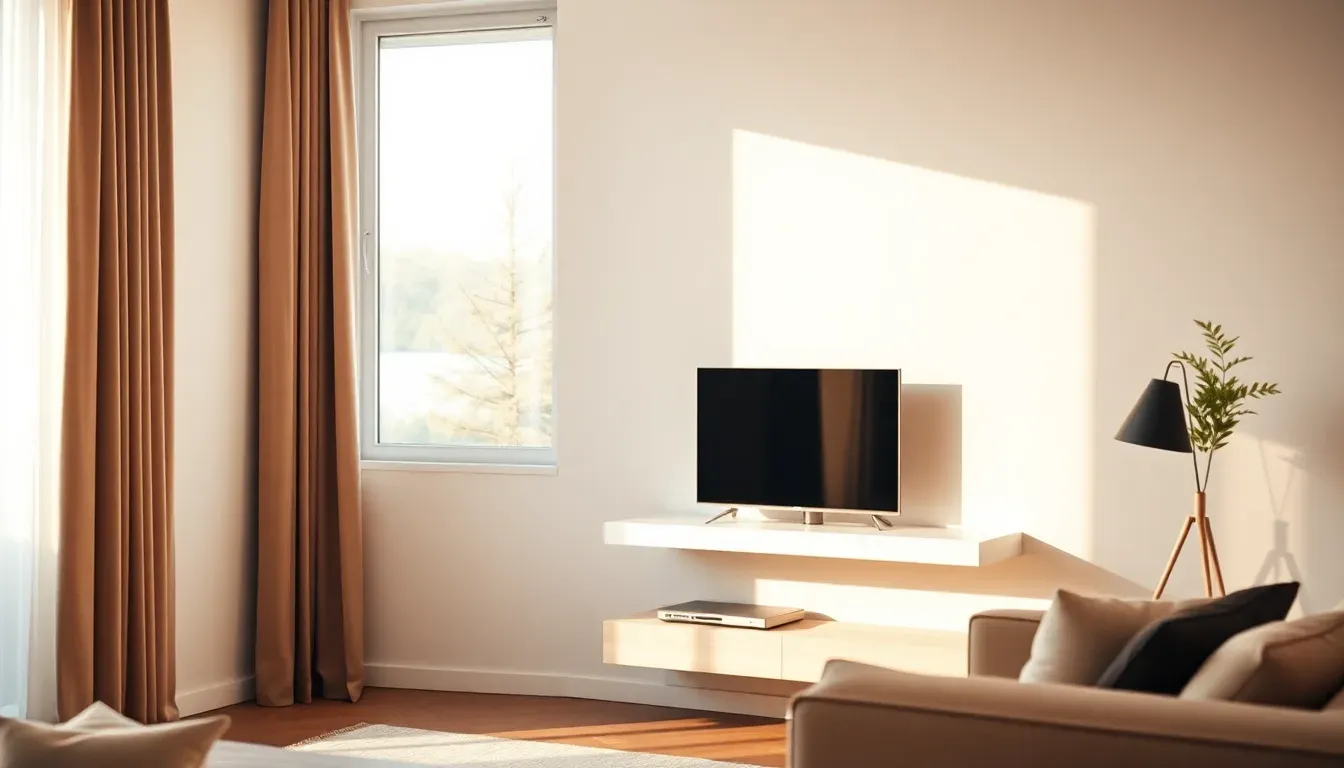 Moderne enhed på hvid minimalistisk hylde i stue med varmt morgenlys gennem vinduet.