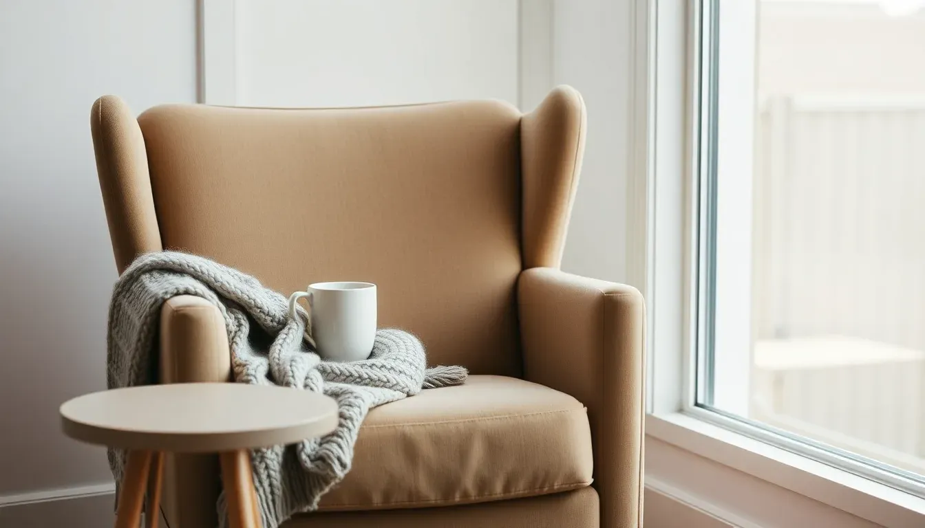 Lænestol ved et vindue med et gråt strikket tæppe, en hvid kop og et lille sidebord i dagslys.